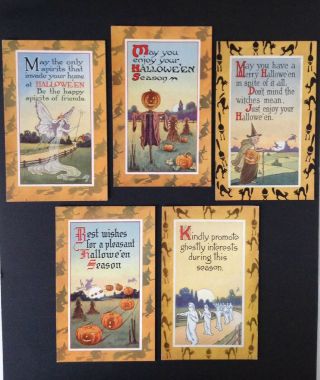 Vintage Gibson Halloween Postcards (5) Orange Witch/cat Borders - Great Cards