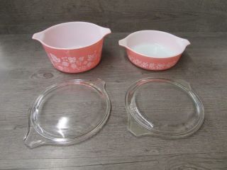 Vintage Pyrex Pink Gooseberry Casserole Dishes 471,  473 With Lids