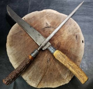 Antique Meriden Cuttlery Stag Horn Knife Sharper Pair Stamped Sterling Set Horn