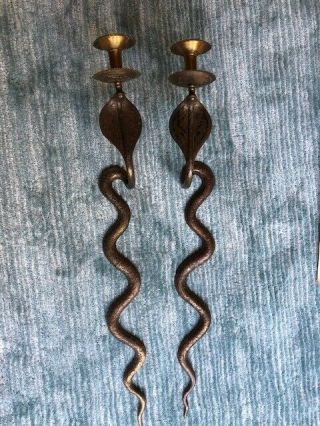 2 Vintage Brass Cobra Candlestick Holders With Pigment Inlay