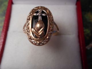 Vintage 10k Gold Praying Hands,  Cross,  Black Onyx And Diamond Accent Ring Size7