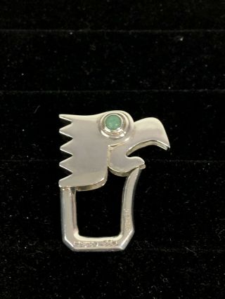 Vintage Taxco Mexico Thick Gauge Sterling Silver Green Eye Eagle Key Ring Fob