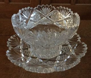 Abp Antique Cut Glass Crystal Mayo Bowl W/ Under Plate American Brilliant Period