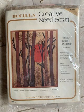 Vtg Bucilla Neddlecraft Kit Sunset Trees Mid Century Style 28 " X 34 " Embroidery
