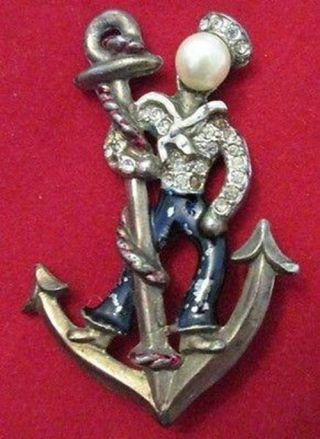 Vintage Rhinestone Sailor Brooch Pin Anchor 