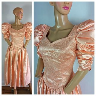 Vintage 80s Party Prom Puff Shoulder Peach Shiny Satin Lace Punk Glam Dress L