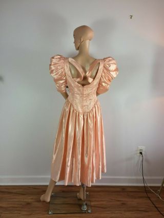 Vintage 80s Party Prom Puff Shoulder Peach Shiny Satin Lace Punk Glam Dress L 4