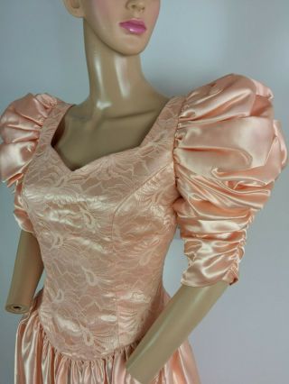 Vintage 80s Party Prom Puff Shoulder Peach Shiny Satin Lace Punk Glam Dress L 5