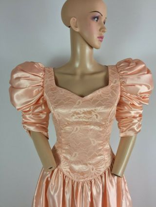 Vintage 80s Party Prom Puff Shoulder Peach Shiny Satin Lace Punk Glam Dress L 6