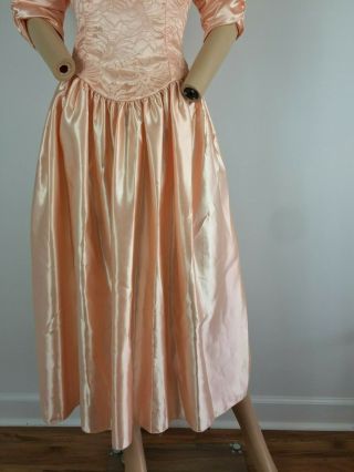 Vintage 80s Party Prom Puff Shoulder Peach Shiny Satin Lace Punk Glam Dress L 7