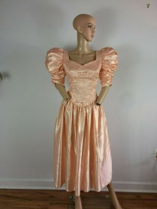 Vintage 80s Party Prom Puff Shoulder Peach Shiny Satin Lace Punk Glam Dress L 8