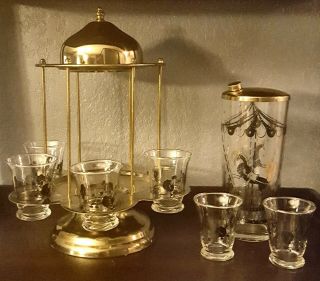 1950s Circus Carousel Cocktail Shaker Caddy Set.  Mid Century Martini Vintage Bar 2