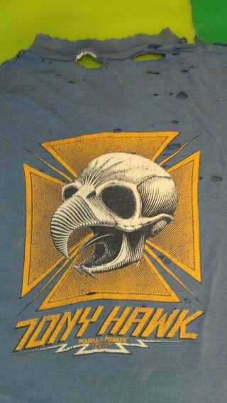 Vintage 1980 ' s Tony Hawk Tee Shirt Bird Skull Sz XL Powell Peralta Skate T Blue 4