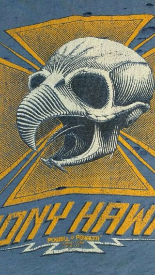 Vintage 1980 ' s Tony Hawk Tee Shirt Bird Skull Sz XL Powell Peralta Skate T Blue 5