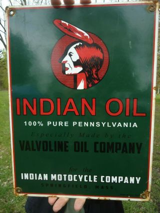 Vintage 1928 Indian Motorcycle Oil Valvoline Pure Porcelain Advertising Sign