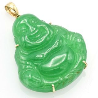 Vintage 14k Yellow Gold Carved Green Jade Buddha Pendant 10.  5 Gr 31.  4 X 27.  8 Mm