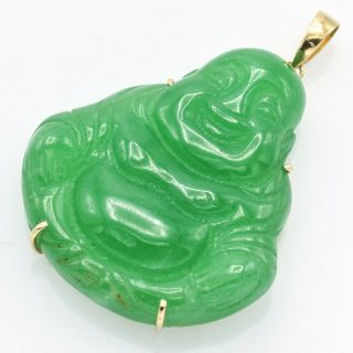 Vintage 14K Yellow Gold Carved Green Jade Buddha Pendant 10.  5 Gr 31.  4 x 27.  8 mm 2