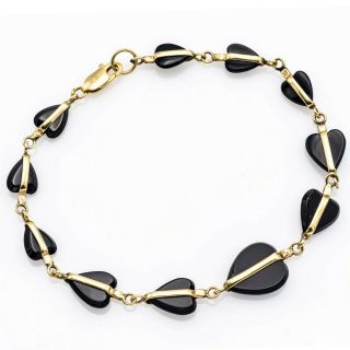 Vintage 14k Yellow Gold Black Onyx Heart Chain Link Bracelet 5.  5 Grams
