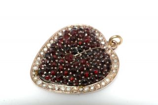 Victorian Garnet & Seed Pearl Heart Gold Filled Pendant Charm