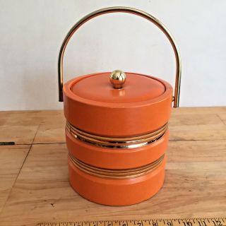 Vintage Danish Orange Vinyl Gold Ice Bucket Mid Century Modern Barware