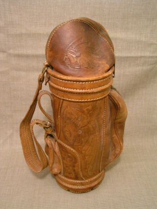 Vintage Mini 15 " Hand - Tooled Leather Golf Bag W/indian Motif - Salesman 