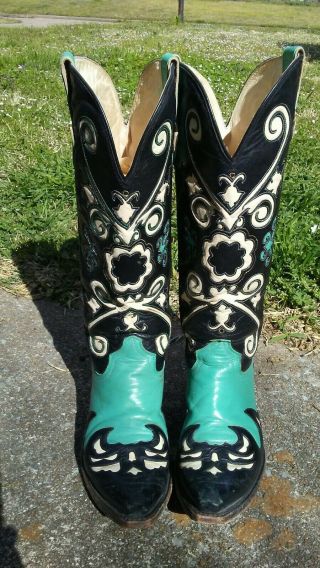 One Of A Kind Custom Made Vtg Tall Cowboy Boots Colorful Mens 8 D Awesome