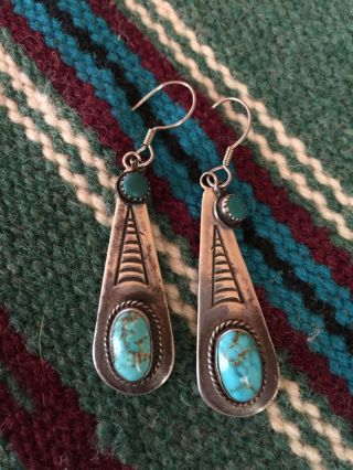 Vintage Old Pawn Navajo Long Sterling Silver And Turquoise Earrings.