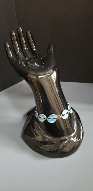 DAVID ANDERSEN Norway Double Leaf Turquoise Blue STERLING ENAMEL BRACELET 925 S 3