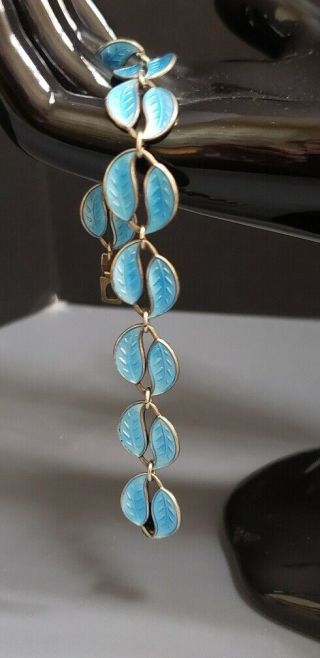 DAVID ANDERSEN Norway Double Leaf Turquoise Blue STERLING ENAMEL BRACELET 925 S 7