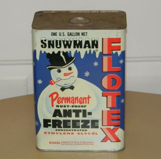Vintage 1954 Flotex Anti Freeze Snowman Tin Can Litho Rare 1 Gallon Size
