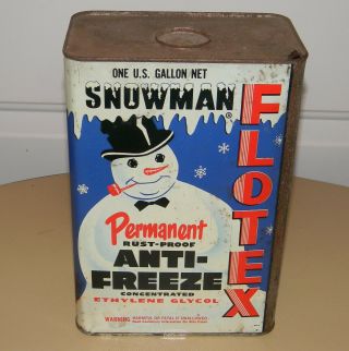 VINTAGE 1954 FLOTEX ANTI FREEZE SNOWMAN TIN CAN Litho Rare 1 GALLON SIZE 6