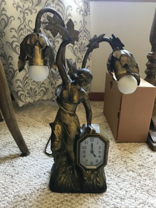 Vintage Art Deco Ingraham Co.  Lady Figural Double Arm Clock Lamp -