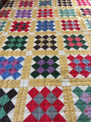Omg Vintage Handmade Feed Sack Nine Patch On Point Quilt 70 " X 77 "