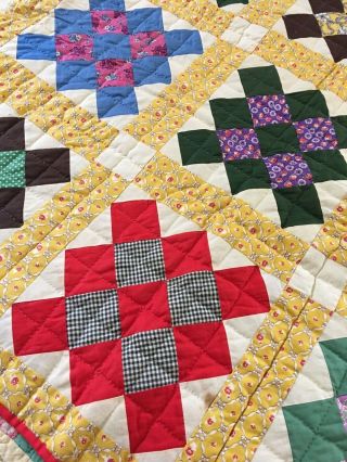 OMG VINTAGE HANDMADE FEED SACK NINE PATCH ON POINT QUILT 70 