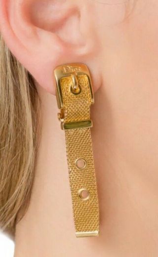 Vintage Christian Dior Signed Gold Tone Large Clip On Earrings Buckle Belt
