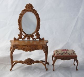 Vtg Dollhouse Miniature Bespaq Carved Vanity Desk Petit Point Stool Bench Rococo 5