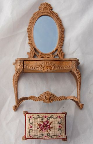 Vtg Dollhouse Miniature Bespaq Carved Vanity Desk Petit Point Stool Bench Rococo 7