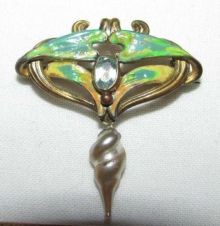 Stunning Antique Art Nouveau Hp Enamel Aquamarine Baroque Glass Pearl Dangle Pin