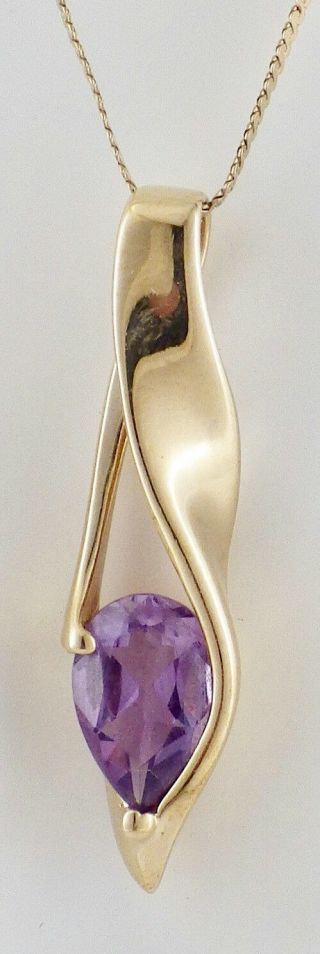 Vintage 10k Yellow Gold Pear Shape Amethyst Retro Design Necklace 18” Chain