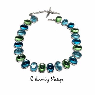 Vintage Hattie Carnegie Blue & Green Crystal Cabochon Link Necklace