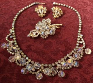 Vintage Juliana Borealis Rhinestone Crystal Tiara Bib Necklace Pin Earring Set