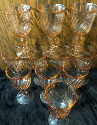 Vintage Eleven Optic Pink Swirl Wine Goblets Arcroc Rosaline France