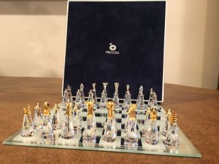 Vintage Preciosa Miniature Bohemian Crystal Chess Set Etched Mirror Board