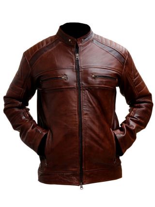 Mens Real Leather Biker Jacket Black Cafe Racer Vintage Style Brown