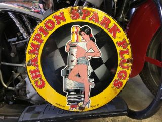 Vintage Porcelain 61 Champion Spark Plugs Pump Plate Ford Chevy Harley Dodge