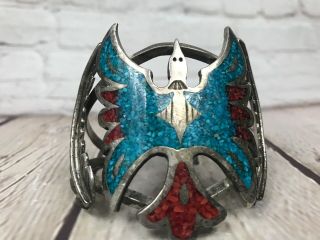 Vtg Navajo Sterling Silver Turquoise Red Coral Thunderbird Cuff Bracelet 69gm