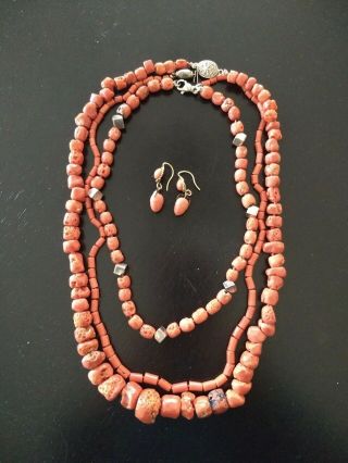 3 Antique Vintage Red Orange Coral Bead Necklaces & Earrings 3 separate unique 4