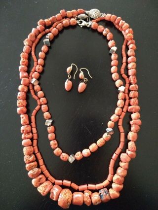 3 Antique Vintage Red Orange Coral Bead Necklaces & Earrings 3 separate unique 6