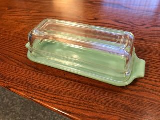 Vintage Fire King Jadeite 1/4 Lb.  Butter Dish W/ Crystal Lid Oven Ware