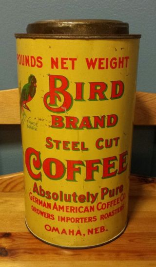Vtg 3 Lb Bird Brand Coffee Tin German American Omaha Nebraska - Neat Graphics